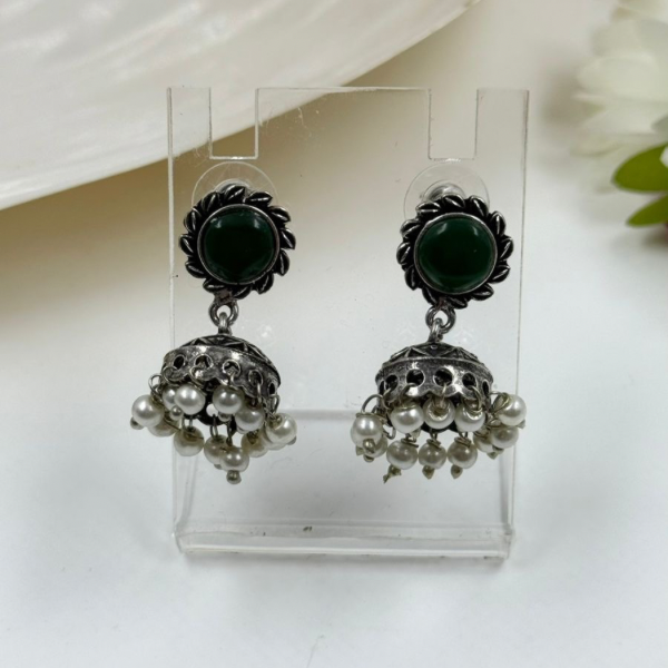 Oxidized Mini Silver-Plated Green Stone & Pearl Jhumka Earrings