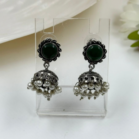 Oxidized Mini Silver-Plated Green Stone & Pearl Jhumka Earrings