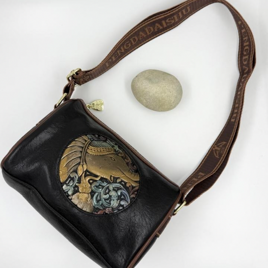 Embossed Elephant Art Black Sling Bag