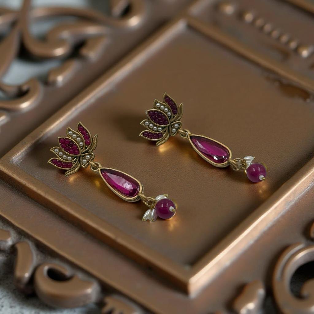 Boho Bloom Lotus Earrings – Ruby Stones with a Vintage Soul