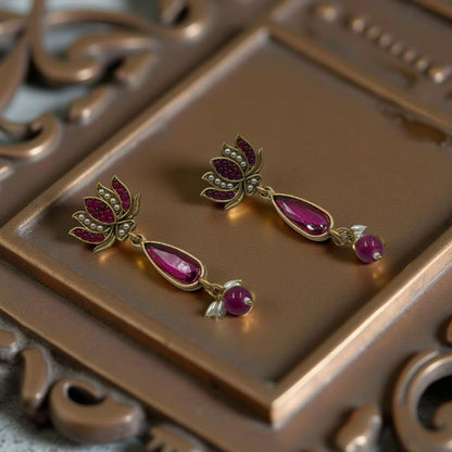 Boho Bloom Lotus Earrings – Ruby Stones with a Vintage Soul