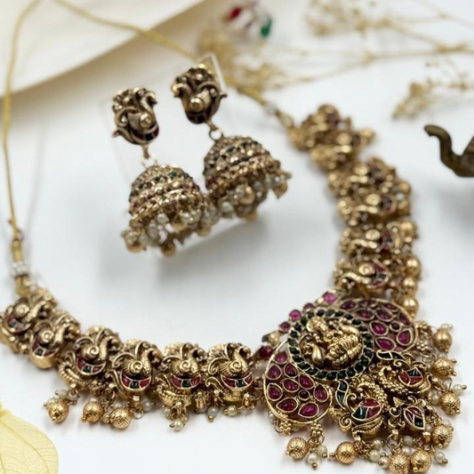 Designer Regal Lakshmi Necklace Set - Red & Green Beads