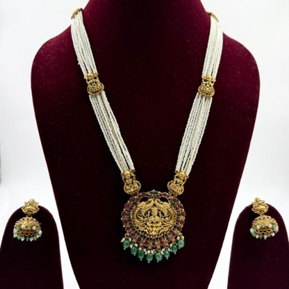 Antique Round Pendant Set with Pearl Beaded & Jhumkas