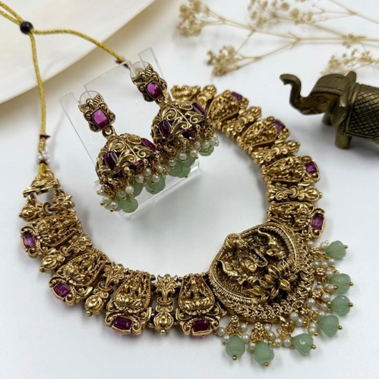 Boho Royalty Temple Set – Antique Gold Necklace with Jhumkas & Green Beads