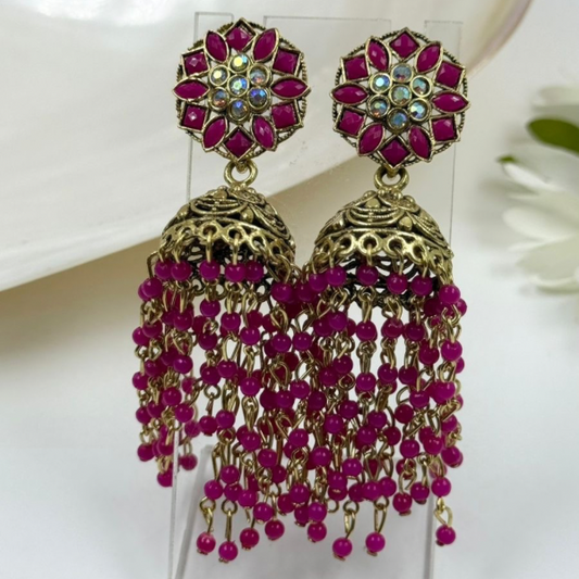Antique Gold & Rani Pink Beaded Tassel Jhumkas with Floral Studs