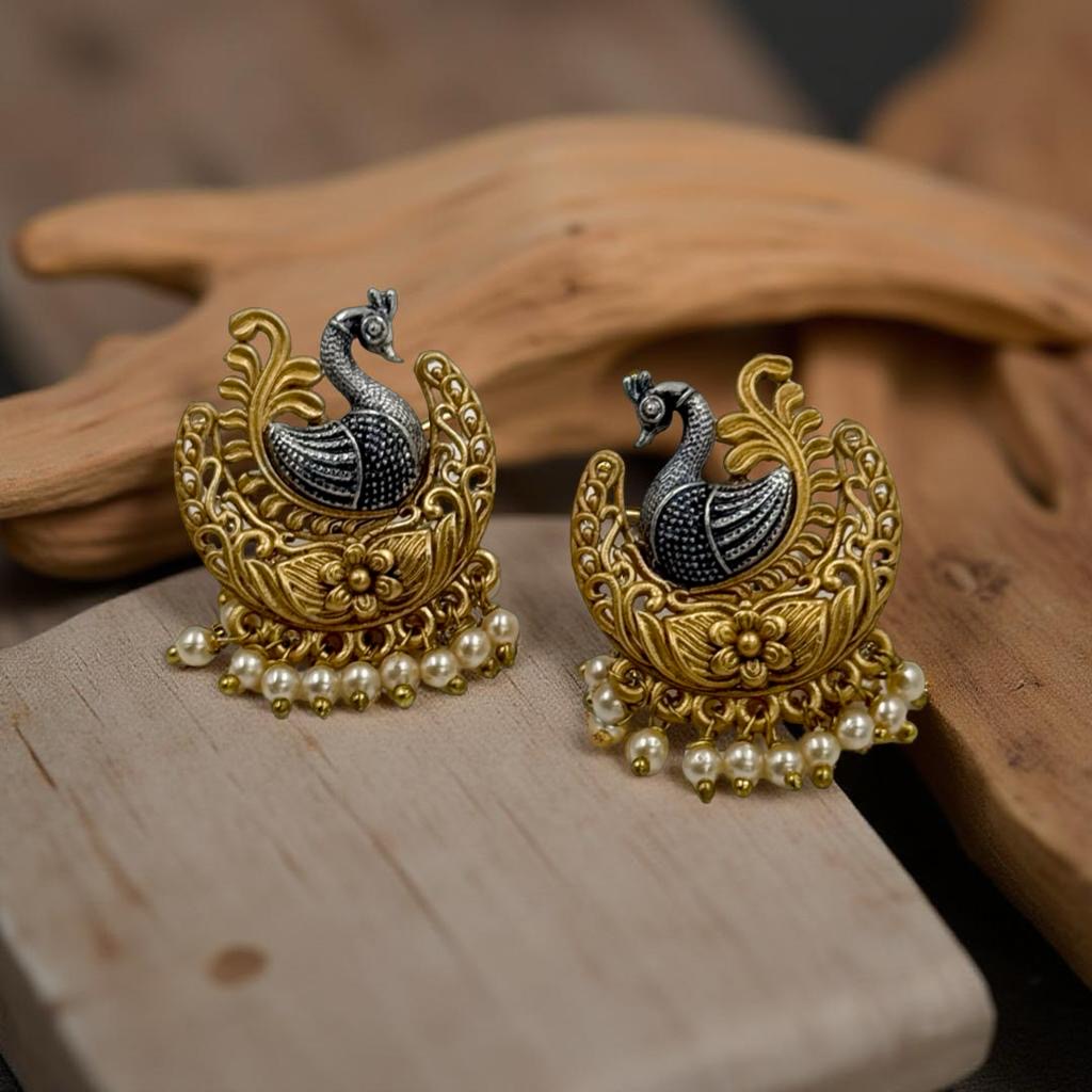 Dual Tone Peacock Blossom Earrings with Pearl Drops