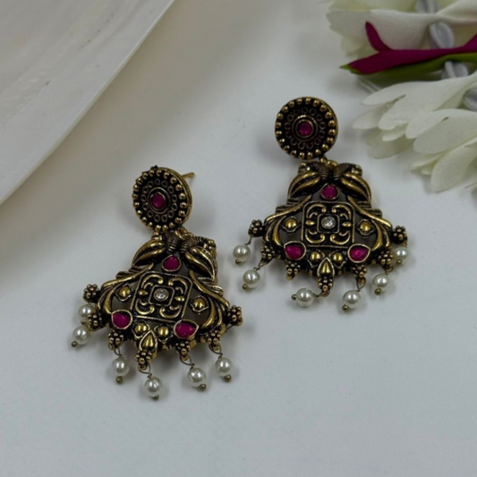 Floral Motif Earrings with Antique Gold Finish & Ruby Stone