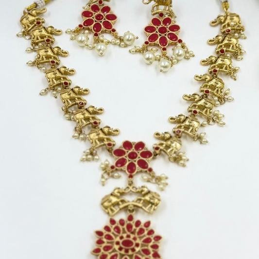Regal Elephant Motif Necklace Set with Red Floral Enamel & Pearls