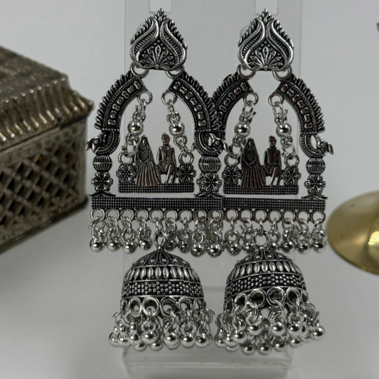 Royal Oxidised Silver Jhumkas with Palace Scene