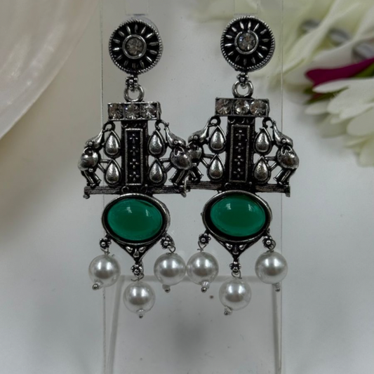 Emerald Charm Oxidised Silver Earrings with Pearl Drops