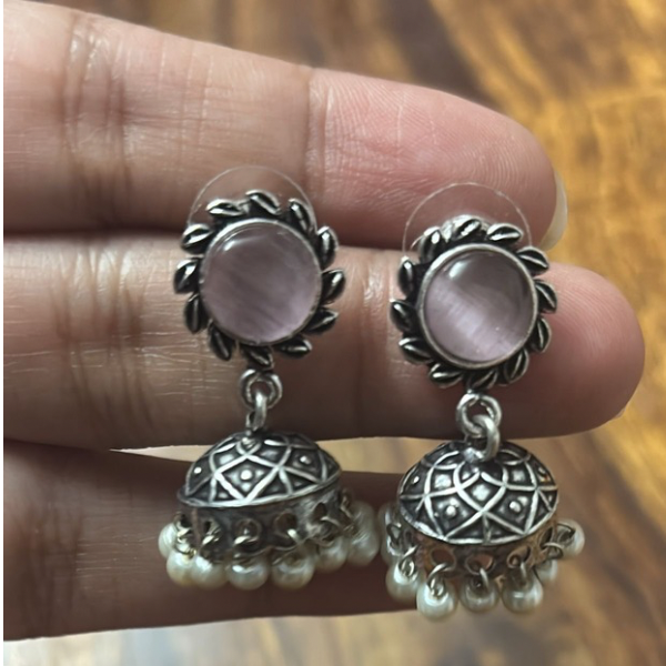 Blush Stone Silver-Plated Jhumkas with Pearl Drops