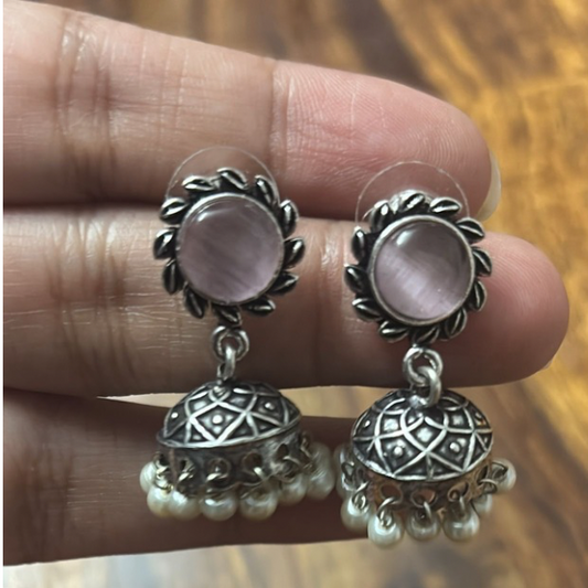Blush Stone Silver-Plated Jhumkas with Pearl Drops
