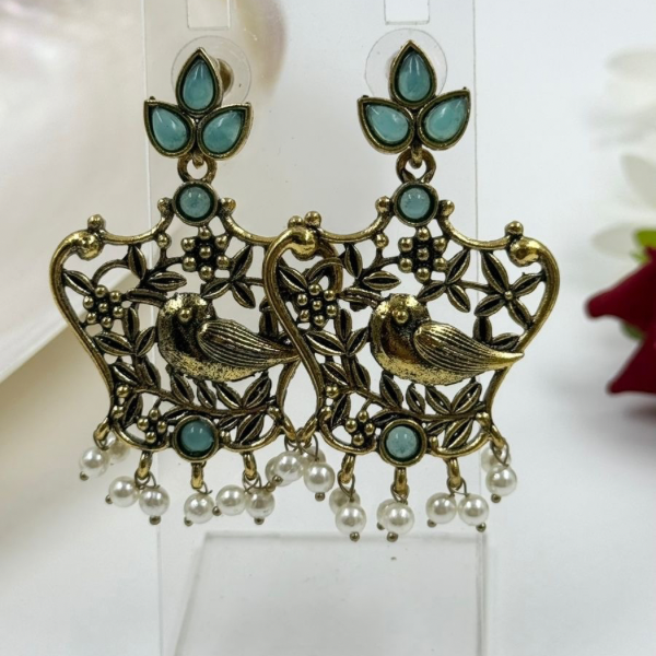 Antique Gold & Aqua Bird Earrings