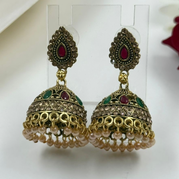 Regal Ruby & Emerald Jhumka Earrings With Pearl Drop Detail