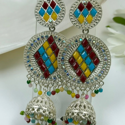Silver Toned Mirror Mosaic Jhumkas with Enamel & Multicolor Drops