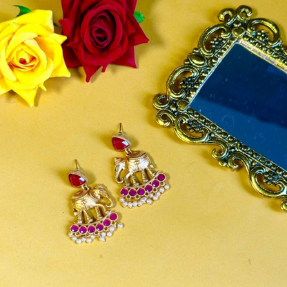 Antique Gold Elephant Motif Earrings with Ruby Stones & Pearl Drops