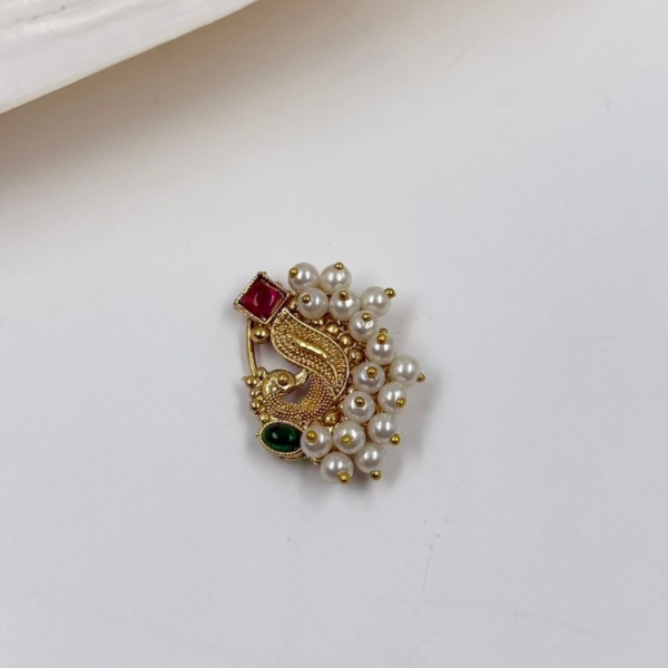 Maharashtrian Nath Style Peacock Nose Pin: Ruby & Emerald Accents