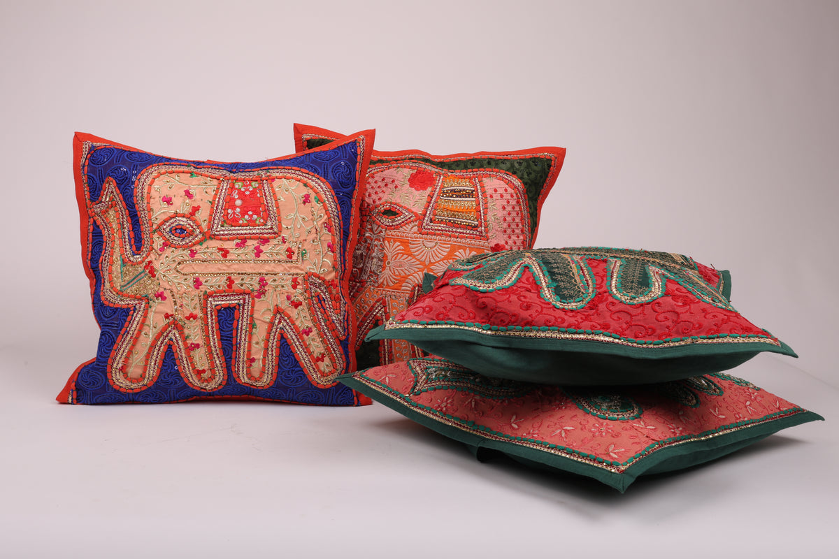 Elephant Design Hand Embroidered Rajasthani Cushion Covers - Set of 4