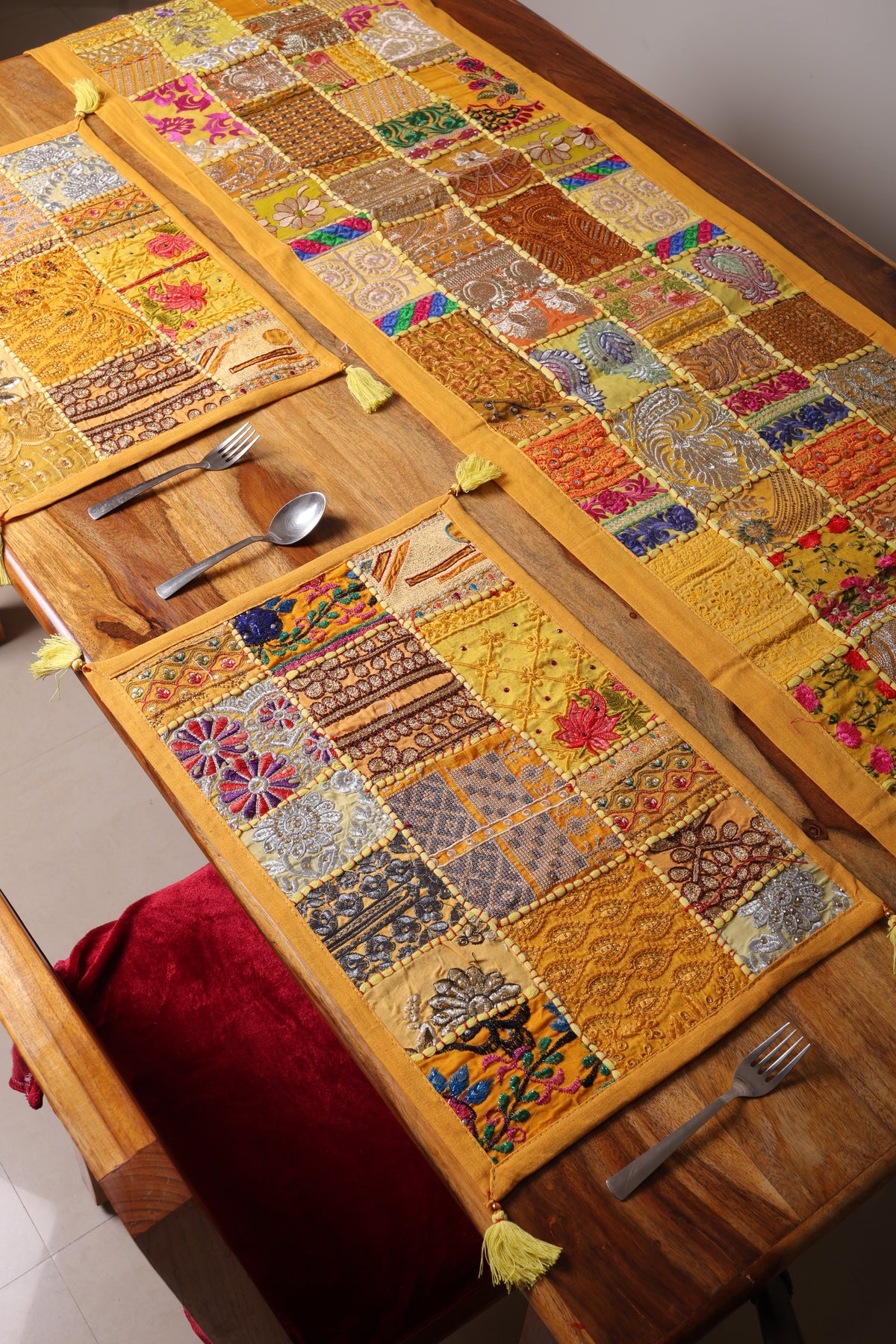 Rajasthani Patch Work Yellow Dining Table Runner with Mats (pack of 7)