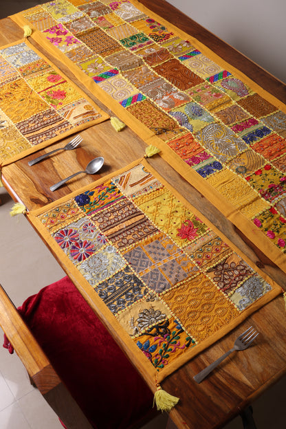 Rajasthani Patch Work Yellow Dining Table Runner with Mats (pack of 7)