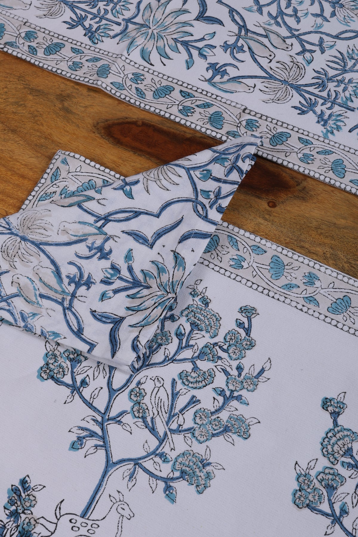 Jaipuri Blue Block Print Dining Table Runners with Mats & Napkins (13 pieces)