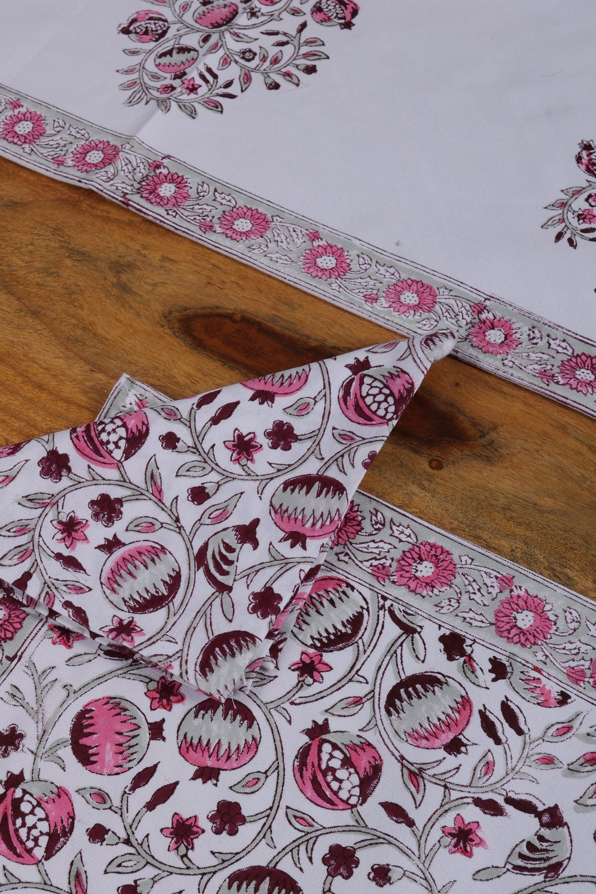 Jaipuri Pink Block Print Dining Table Runners with Mats & Napkins (13 pieces)