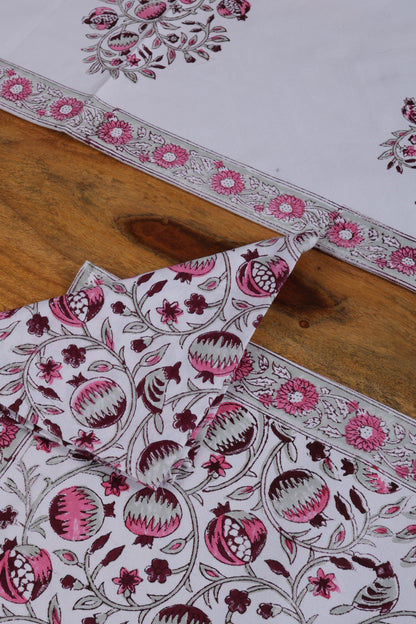 Jaipuri Pink Block Print Dining Table Runners with Mats & Napkins (13 pieces)