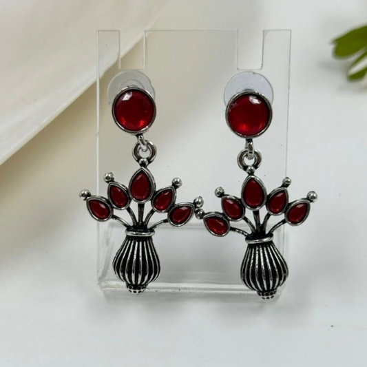 Ruby Red Stone Oxidized Silver Drop Earrings