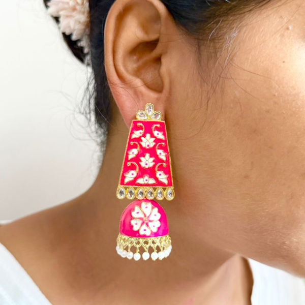 Pink Floral Charm Jhumka Earrings