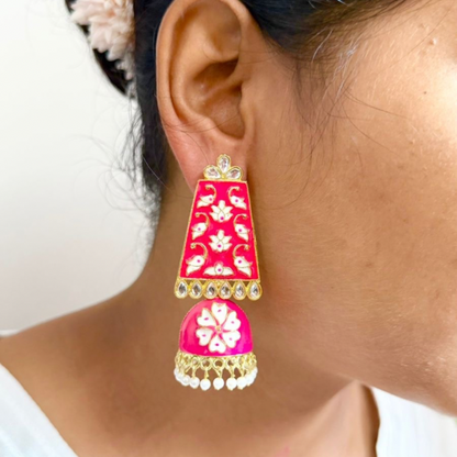 Pink Floral Charm Jhumka Earrings