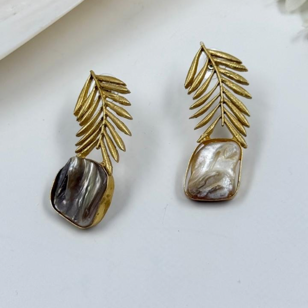 Palm Leaf & Marble Shell Drop Earrings - Gold Finish