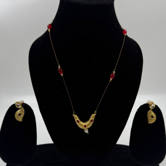 Antique Gold Paisley Necklace Set with Ruby Red Accents
