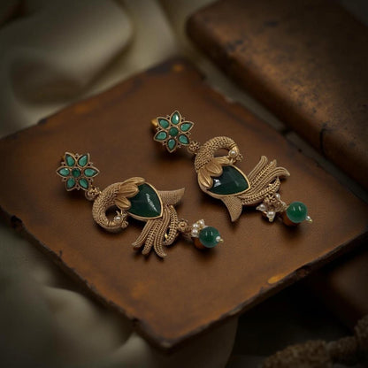 Ethnic Fusion Peacock Earrings - Green Gem Detailing