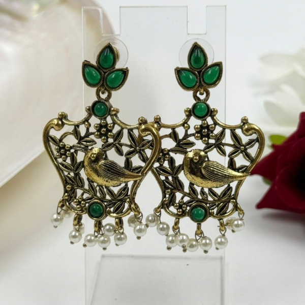 Antique Gold & Emerald Bird Jhumka Earrings