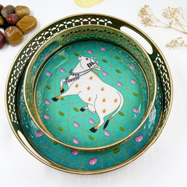 Lotus Serenity: Enchanting Turquoise Cow Tray Set