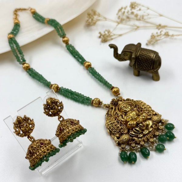 Long Traditional Temple Jewellery Set - 2 Green beaded