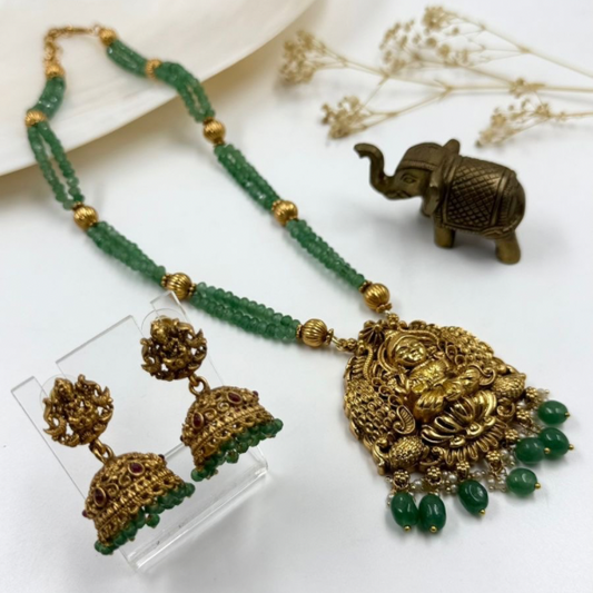 Long Traditional Temple Jewellery Set - 2 Green beaded