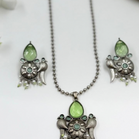 Mint Green Oxidised Necklace Set with Bird Motif 2