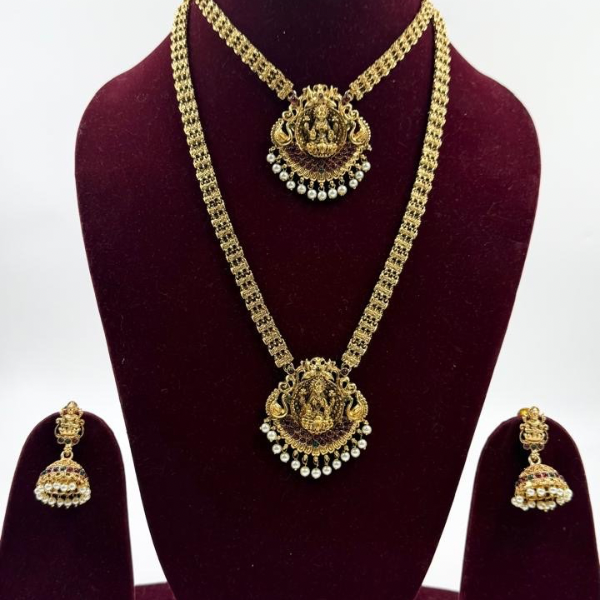 Lakshmi Double Layer Temple Necklace Set with Jhumkas – Antique Gold Finish & Pearl Detailing
