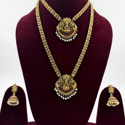 Lakshmi Double Layer Temple Necklace Set with Jhumkas – Antique Gold Finish & Pearl Detailing