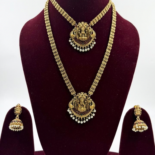 Lakshmi Double Layer Temple Necklace Set with Jhumkas – Antique Gold Finish & Pearl Detailing