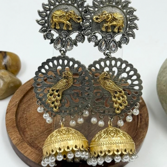Golden Grace Elephant & Peacock Dual Oxidised Jhumka Earrings
