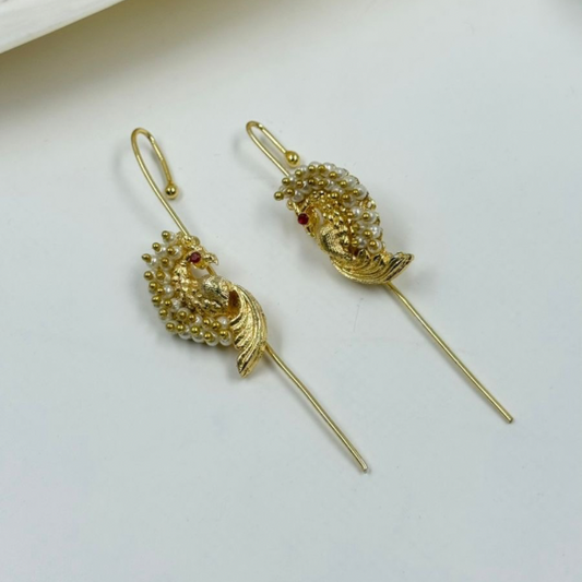 Swan Pearl Ear Climber Drops with Ruby Detail