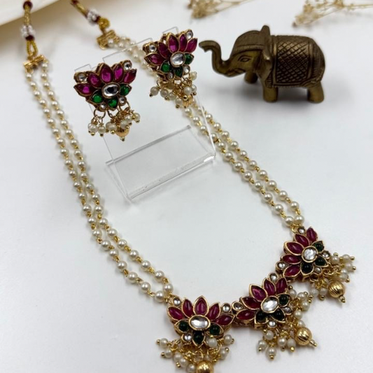 Kundan Pearl Lotus Necklace Set