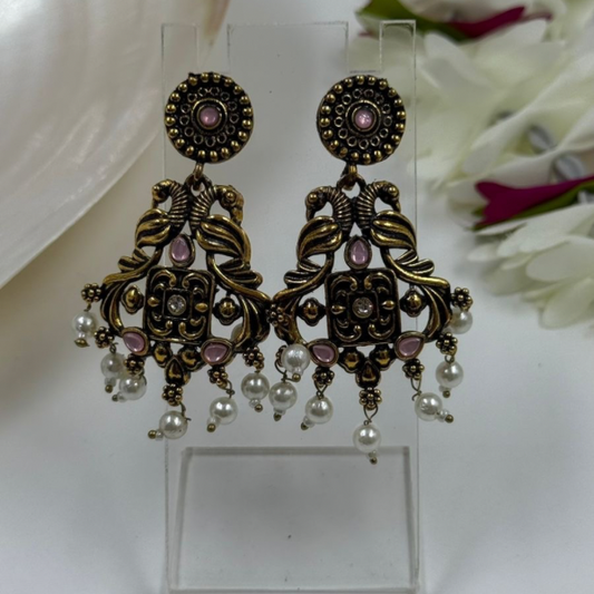 Antique Gold Floral Drop Earrings with Pink Accents & Pearl Danglers