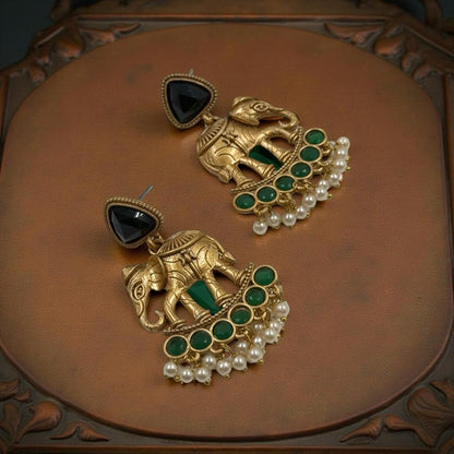 Antique Royal Elephant Earrings with Emerald Green Stones