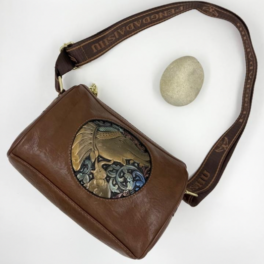 Embossed Brown Elephant Art Sling Bag