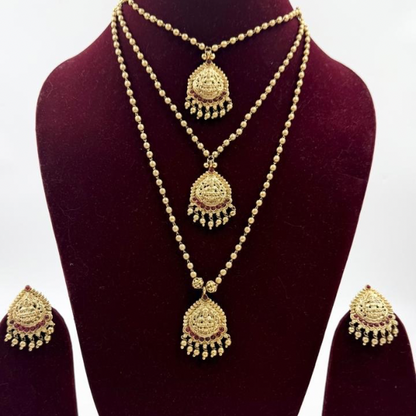 Antique Gold Layered Lakshmi Temple Necklace Set with Ruby Beads