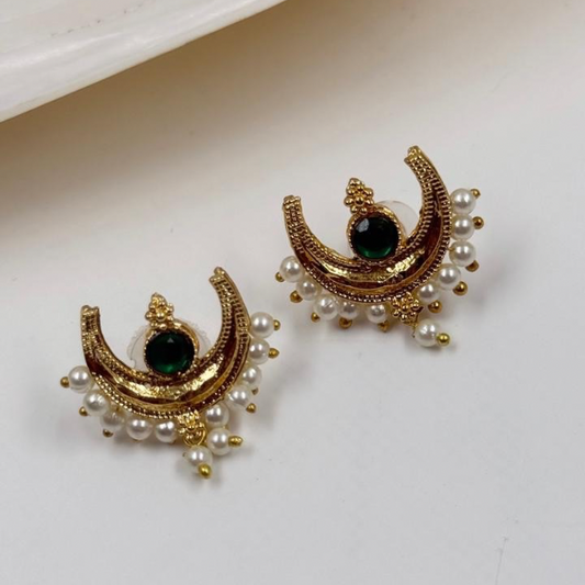 Emerald & Pearl Crescent Moon Gold-Tone Studs (Chandbali Style)