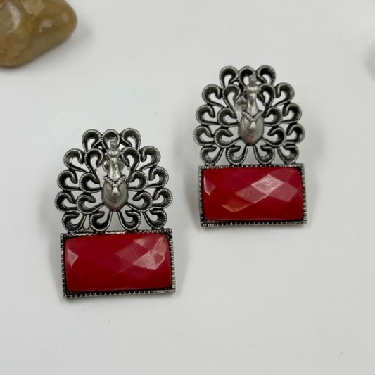 Peacock Grace Oxidised Earrings with Red Stone